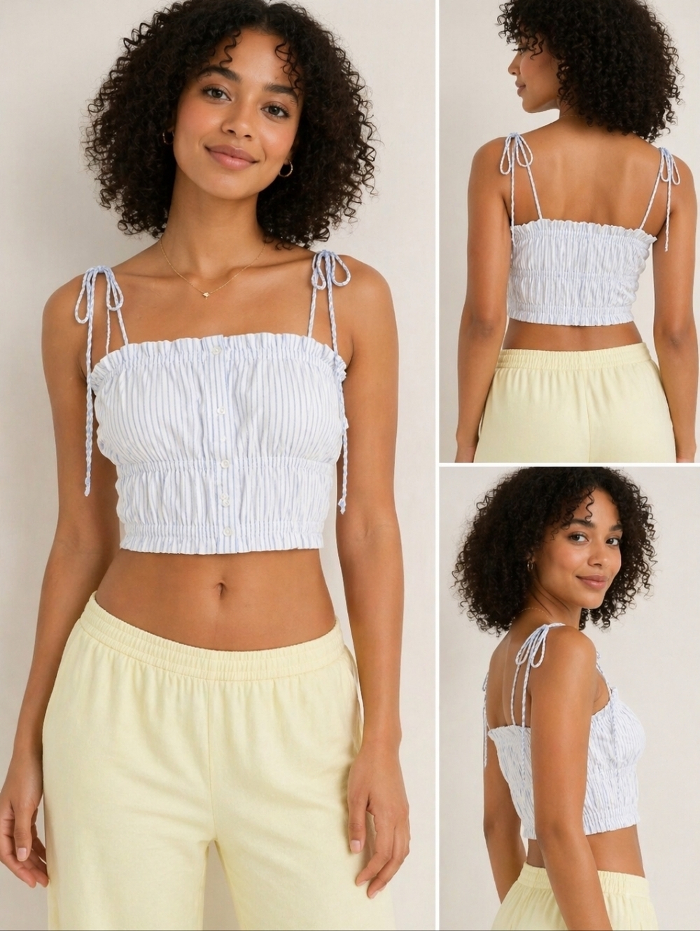 AERIE Button Front Crop Top Size M Striped Smocked Shoulder Tie Prairie Coquette